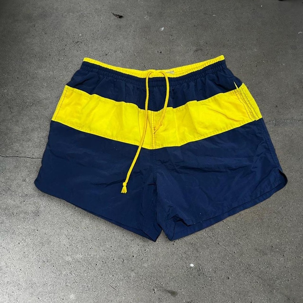 Vintage navy blue and yellow color block 5" inseam trunks Size L